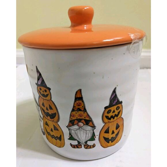Cobwebs And Cauldrons Canister Jar Cute Gnome Witch Halloween Pumpkins New - Picture 2 of 8